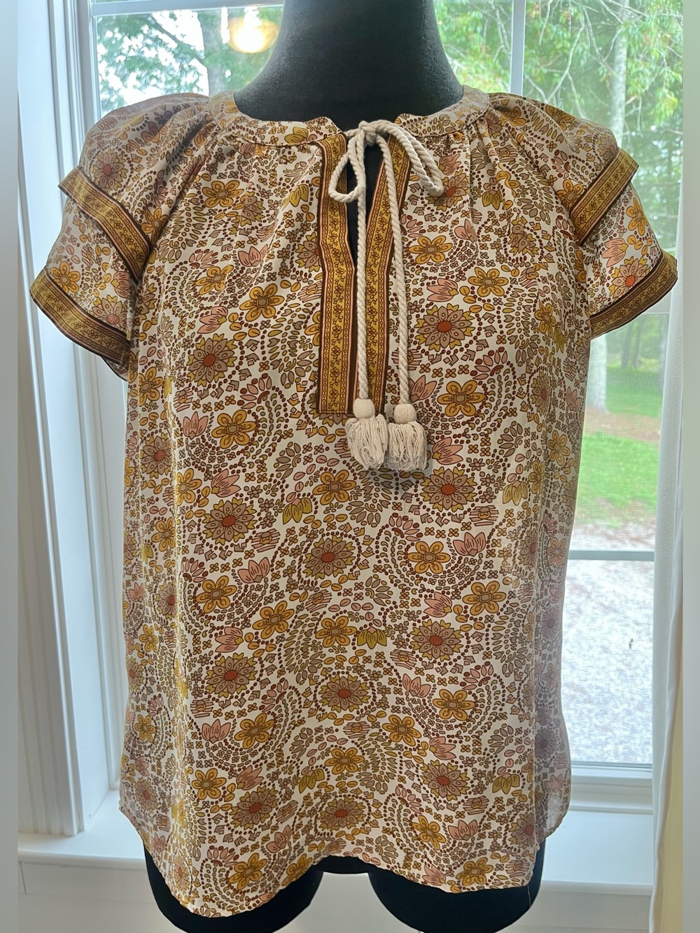 Dr2 boho floral blouse flutter sleeves, tassel tie neckline Mustard & Cream